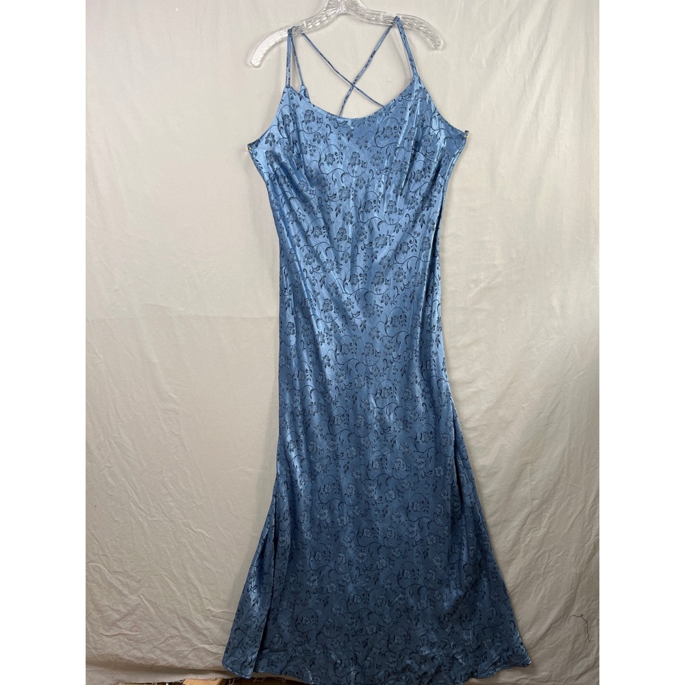 Vintage 90s Steppin Out Slip Maxi Dress Women 14W Blue Floral Jacquard Satin